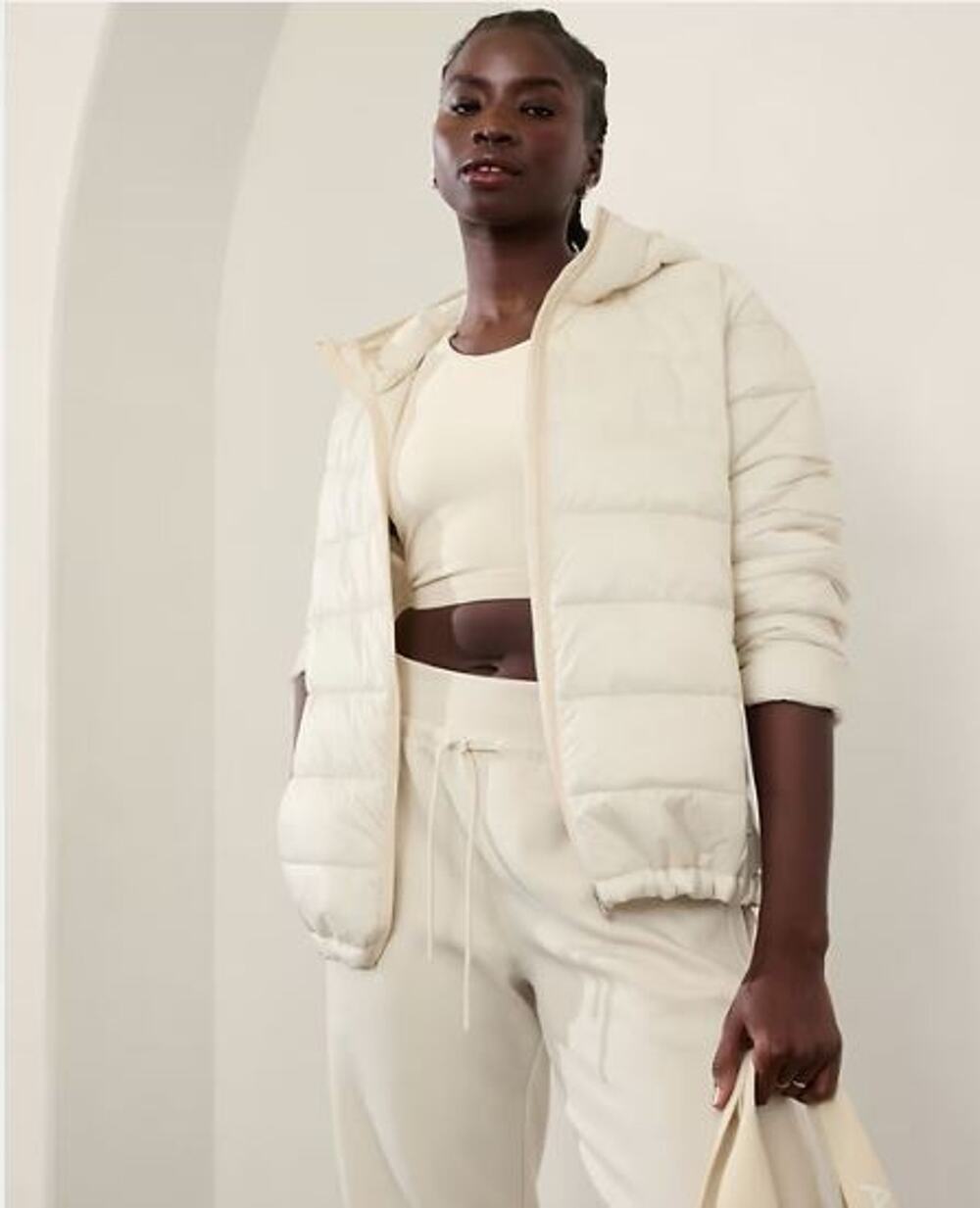 NWT Athleta Aire Puffer Jacket Hooded Coat Bone Ivory XLarge XL Lightweight Hood